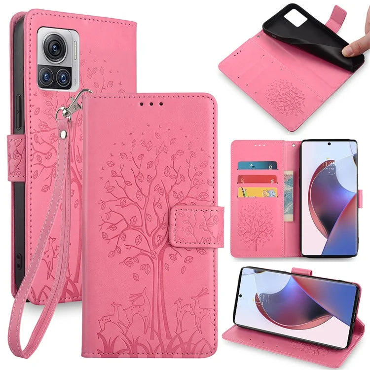 For Motorola Edge X30 Pro Case Imprinted Deer Tree Pattern Drop-proof Smartphone Cover