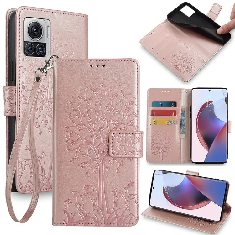 For Motorola Edge X30 Pro Case Imprinted Deer Tree Pattern Drop-proof Smartphone Cover