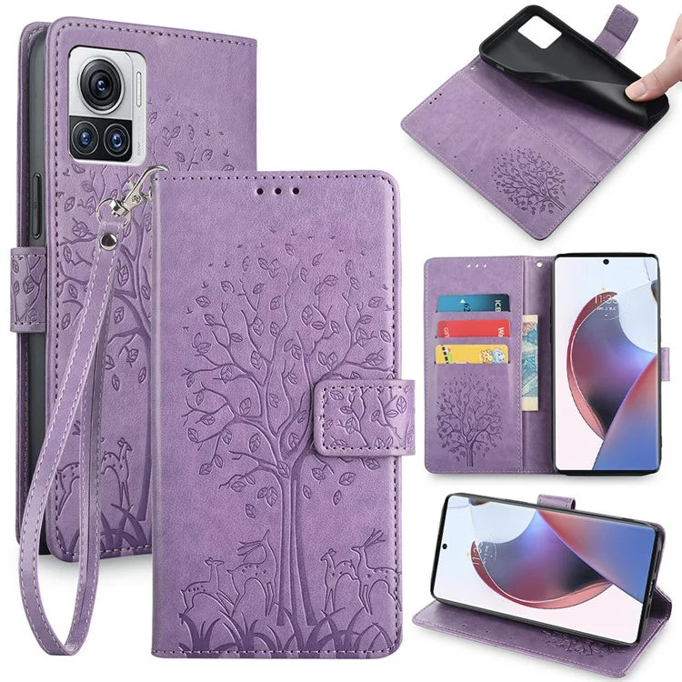 For Motorola Edge X30 Pro Case Imprinted Deer Tree Pattern Drop-proof Smartphone Cover
