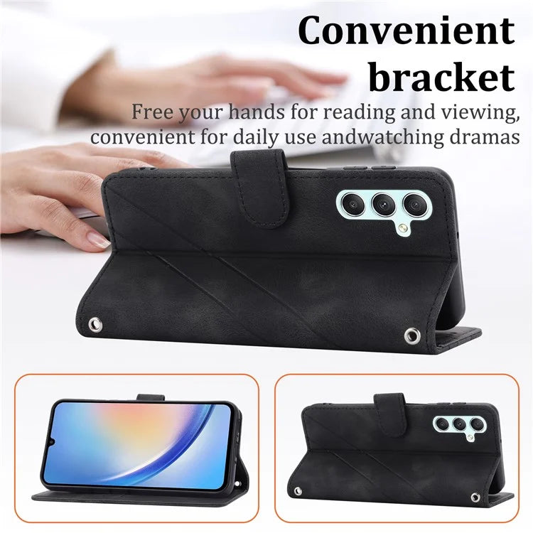 For Samsung Galaxy S24 Case Imprinted Line Wallet Phone Cover with Handy Strap