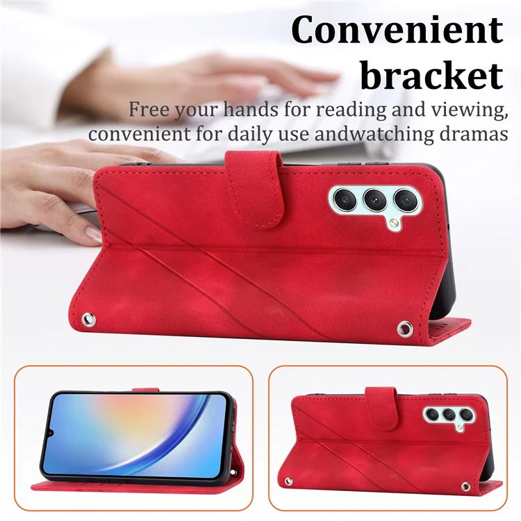 For Samsung Galaxy S24 Case Imprinted Line Wallet Phone Cover with Handy Strap