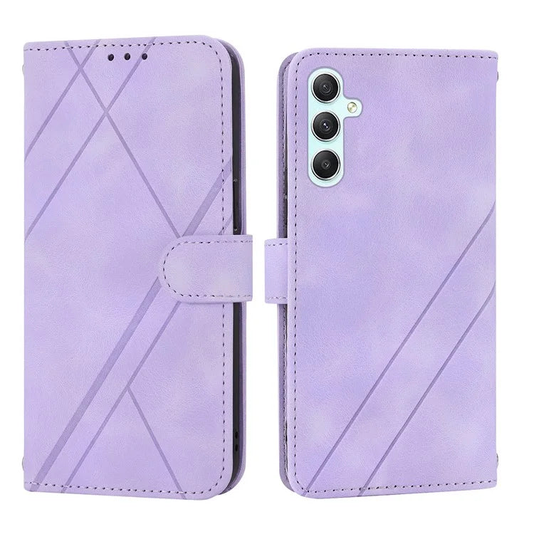 For Samsung Galaxy S24 Case Imprinted Line Wallet Phone Cover with Handy Strap