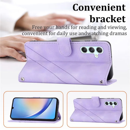 For Samsung Galaxy S24 Case Imprinted Line Wallet Phone Cover with Handy Strap