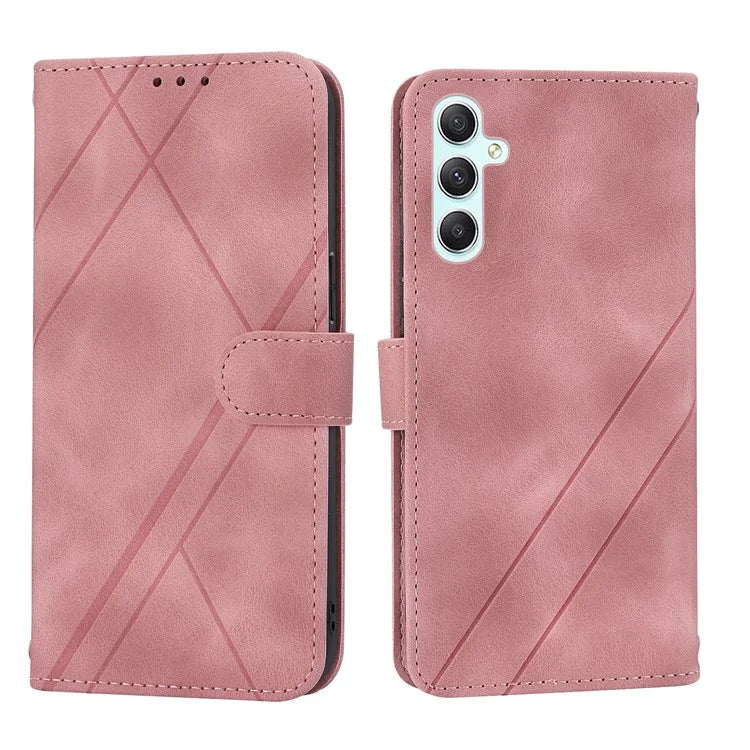 For Samsung Galaxy S24 Case Imprinted Line Wallet Phone Cover with Handy Strap