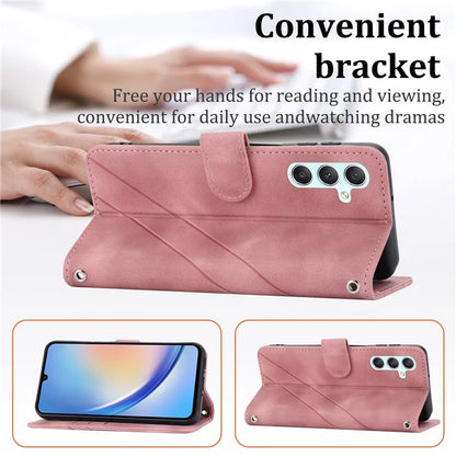 For Samsung Galaxy S24 Case Imprinted Line Wallet Phone Cover with Handy Strap