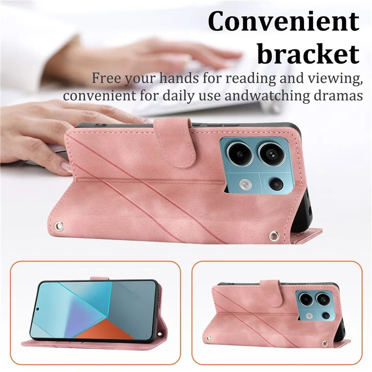 For Xiaomi Redmi Note 13 5G Case with Wrist Strap Imprinted Line Phone Wallet Cover