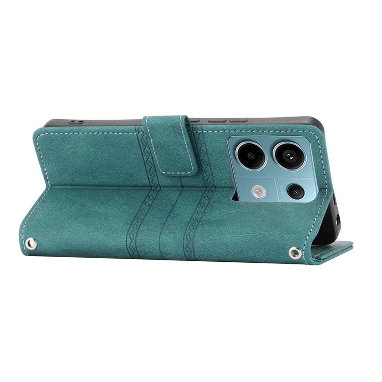 For Xiaomi Redmi Note 13 Pro 5G / Poco X6 5G Cover Soft PU Leather Imprinted Pattern Phone Case with Hand Strapish Green
