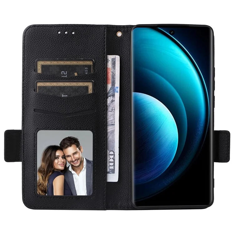 For vivo X100 Pro 5G  Case Card Slots Shockproof Phone Cover with Litchi Texture