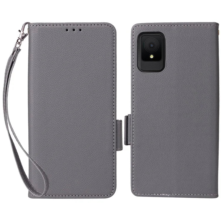 For TCL 502 Phone Cover Litchi Texture Wallet Case with Wrist Strap
