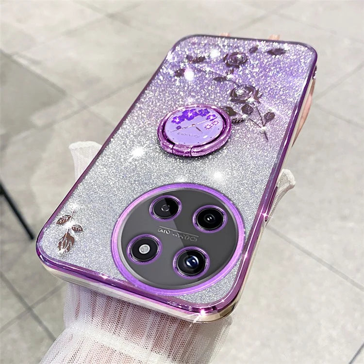 KADEM For Realme 11 4G (159.9x73.3x7.95mm) TPU Case Rhinestone Flower Back Cover Ring Kickstand