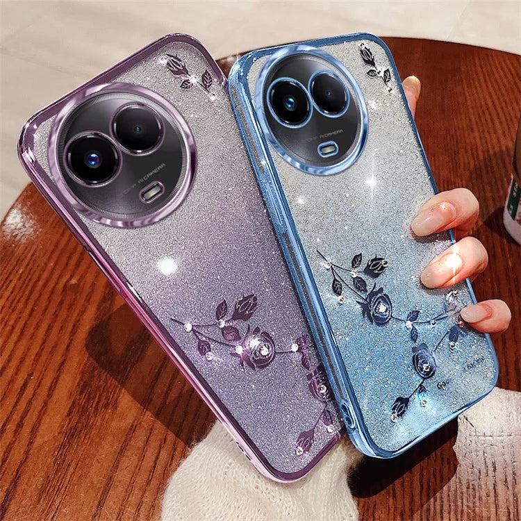 KADEM For Realme 11 5G (Global) / 11x 5G Cover Rhinestone Flower Glitter TPU Back Case with Lanyard