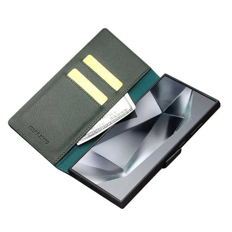 QIALINO For Samsung Galaxy S24 Ultra Case Genuine Cow Leather Flip Stand Phone Protector