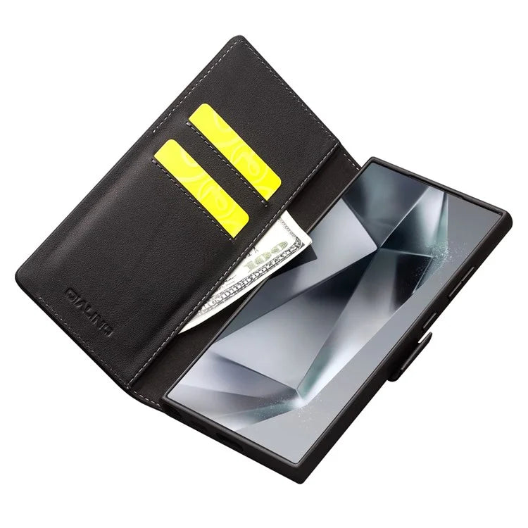 QIALINO For Samsung Galaxy S24 Ultra Case Genuine Cow Leather Flip Stand Phone Protector