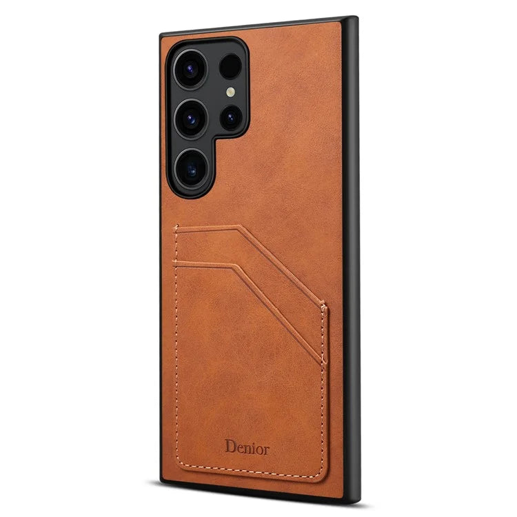DENIOR For Samsung Galaxy S23 Ultra Case PU Leather Coated PC+TPU Dual Card Holders Phone Cover
