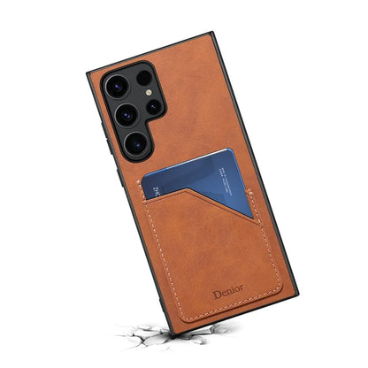 DENIOR For Samsung Galaxy S23 Ultra Case PU Leather Coated PC+TPU Dual Card Holders Phone Cover