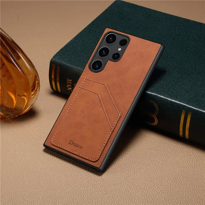 DENIOR For Samsung Galaxy S23 Ultra Case PU Leather Coated PC+TPU Dual Card Holders Phone Cover