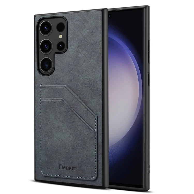 DENIOR For Samsung Galaxy S23 Ultra Case PU Leather Coated PC+TPU Dual Card Holders Phone Cover