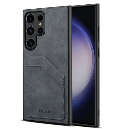 DENIOR For Samsung Galaxy S23 Ultra Case PU Leather Coated PC+TPU Dual Card Holders Phone Cover