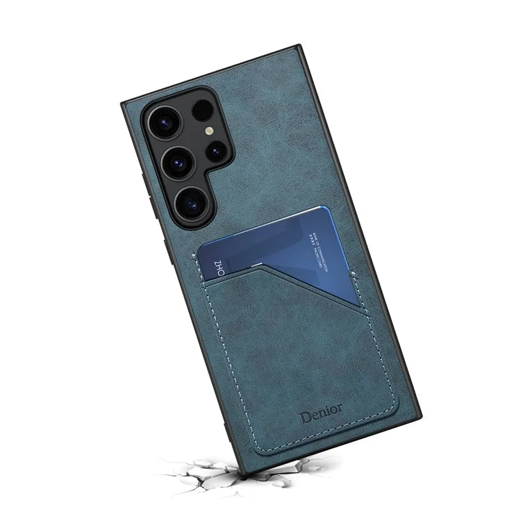 DENIOR For Samsung Galaxy S23 Ultra Case PU Leather Coated PC+TPU Dual Card Holders Phone Cover