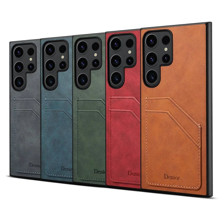 DENIOR For Samsung Galaxy S23 Ultra Case PU Leather Coated PC+TPU Dual Card Holders Phone Cover