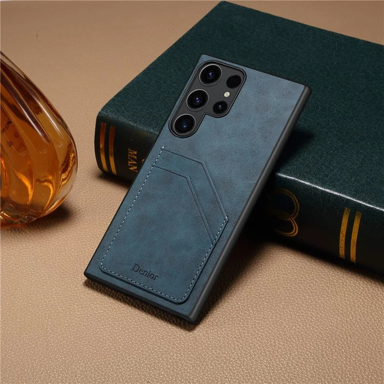 DENIOR For Samsung Galaxy S23 Ultra Case PU Leather Coated PC+TPU Dual Card Holders Phone Cover