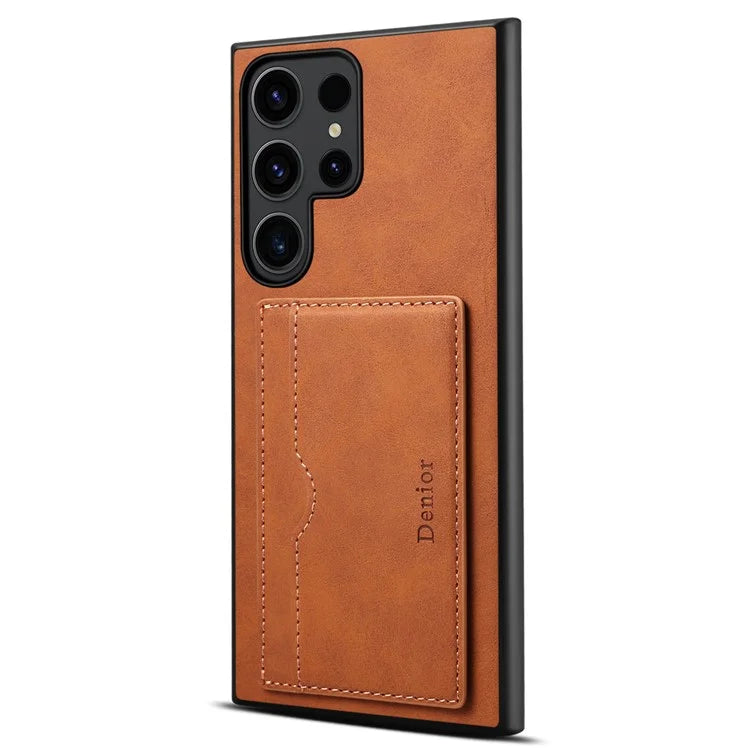 DENIOR For Samsung Galaxy S23 Ultra Magnetic Case Retro Card Holder Kickstand Back Shell