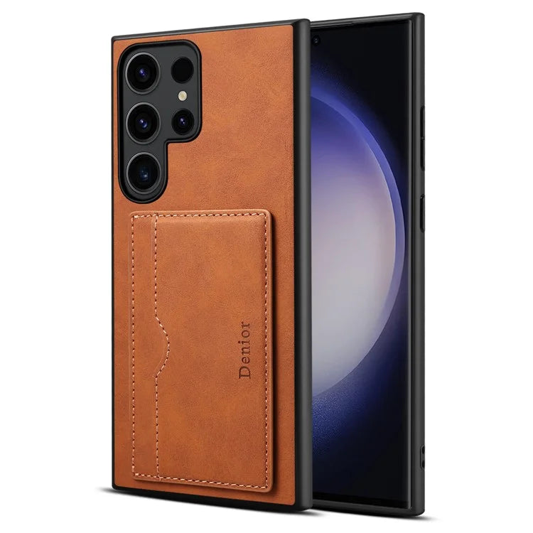 DENIOR For Samsung Galaxy S23 Ultra Magnetic Case Retro Card Holder Kickstand Back Shell