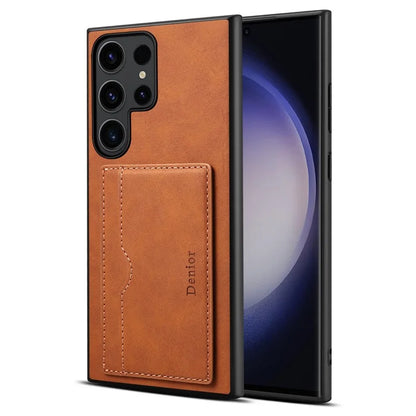 DENIOR For Samsung Galaxy S23 Ultra Magnetic Case Retro Card Holder Kickstand Back Shell