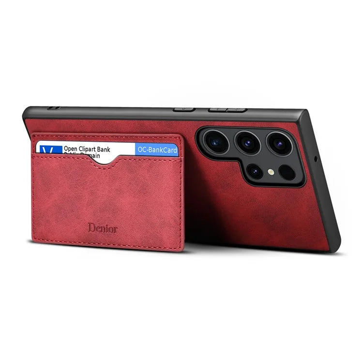 DENIOR For Samsung Galaxy S23 Ultra Magnetic Case Retro Card Holder Kickstand Back Shell