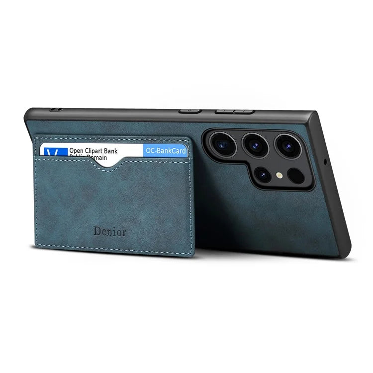 DENIOR For Samsung Galaxy S23 Ultra Magnetic Case Retro Card Holder Kickstand Back Shell