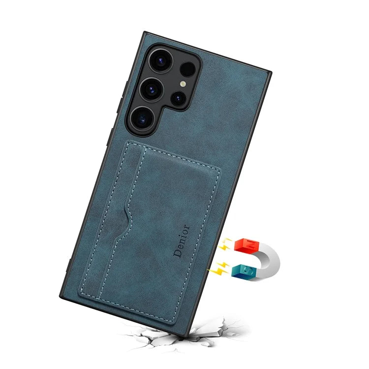 DENIOR For Samsung Galaxy S23 Ultra Magnetic Case Retro Card Holder Kickstand Back Shell