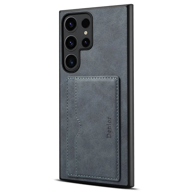 DENIOR For Samsung Galaxy S23 Ultra Magnetic Case Retro Card Holder Kickstand Back Shell