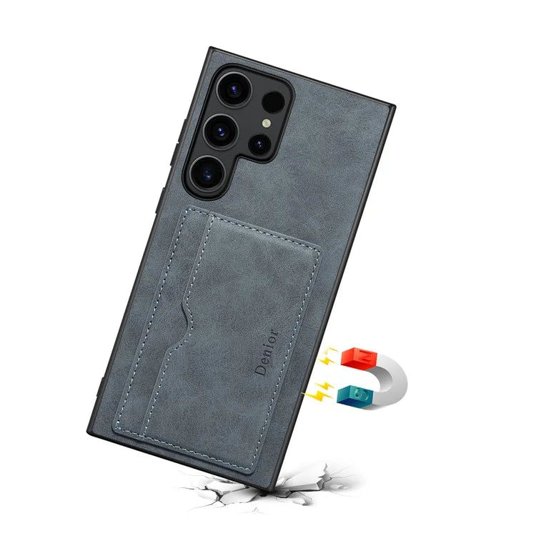 DENIOR For Samsung Galaxy S23 Ultra Magnetic Case Retro Card Holder Kickstand Back Shell