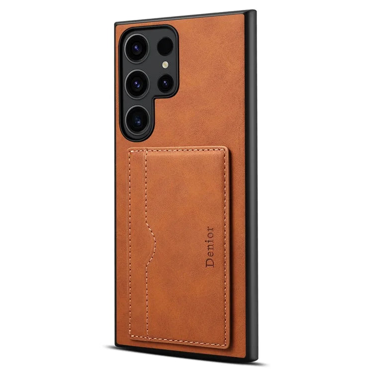 DENIOR For Samsung Galaxy S24 Ultra Cell Phone Case Vintage Texture Shell with Card Holder Kickstand