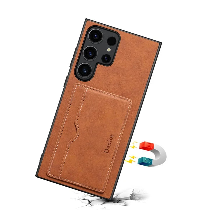 DENIOR For Samsung Galaxy S24 Ultra Cell Phone Case Vintage Texture Shell with Card Holder Kickstand