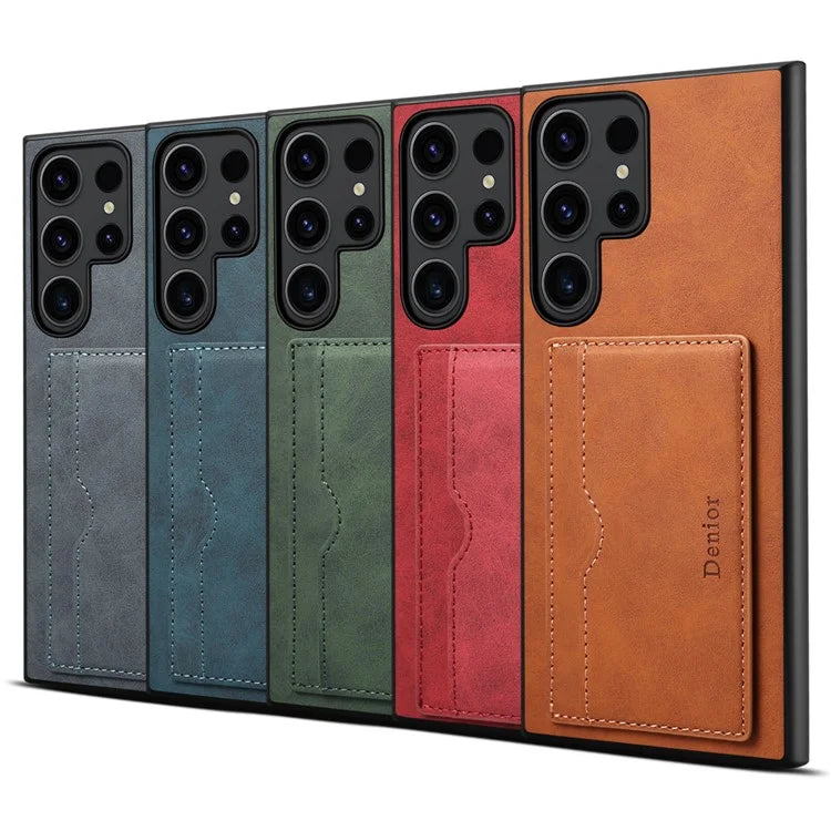 DENIOR For Samsung Galaxy S24 Ultra Cell Phone Case Vintage Texture Shell with Card Holder Kickstand