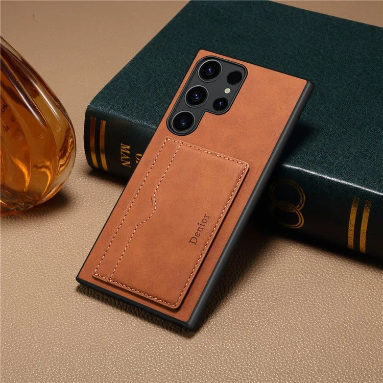 DENIOR For Samsung Galaxy S24 Ultra Cell Phone Case Vintage Texture Shell with Card Holder Kickstand
