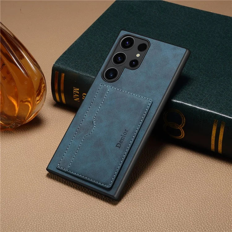 DENIOR For Samsung Galaxy S24 Ultra Cell Phone Case Vintage Texture Shell with Card Holder Kickstand