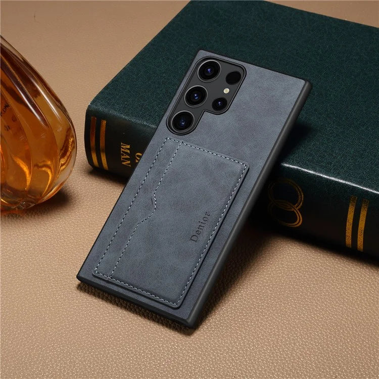 DENIOR For Samsung Galaxy S24 Ultra Cell Phone Case Vintage Texture Shell with Card Holder Kickstand