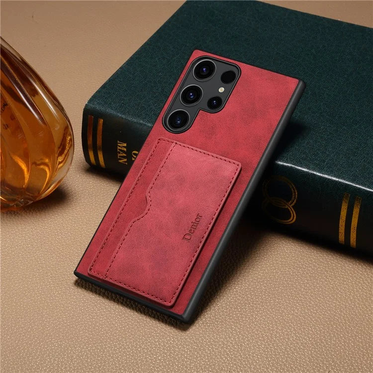 DENIOR For Samsung Galaxy S24 Ultra Cell Phone Case Vintage Texture Shell with Card Holder Kickstand