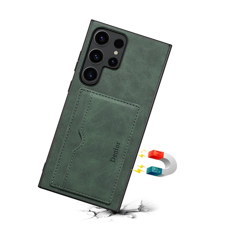 DENIOR For Samsung Galaxy S24 Ultra Cell Phone Case Vintage Texture Shell with Card Holder Kickstand