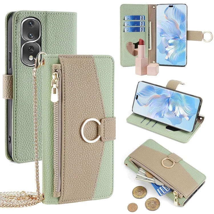 For Honor 80 Pro 5G Phone Case Leather Zipper Pockets Cover with Mirror
