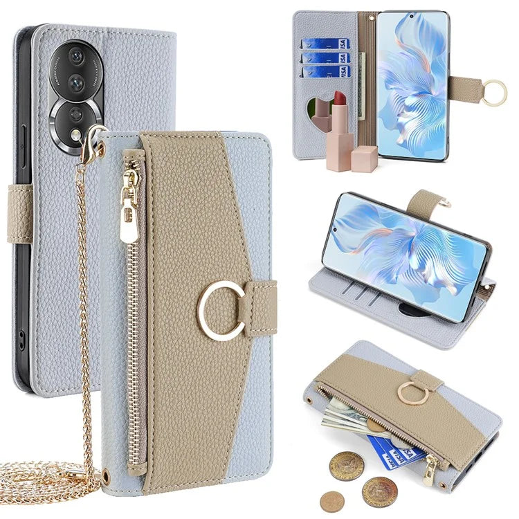 For Honor 80 5G Case Leather Zipper Pockets Phone Cover with Card Slots