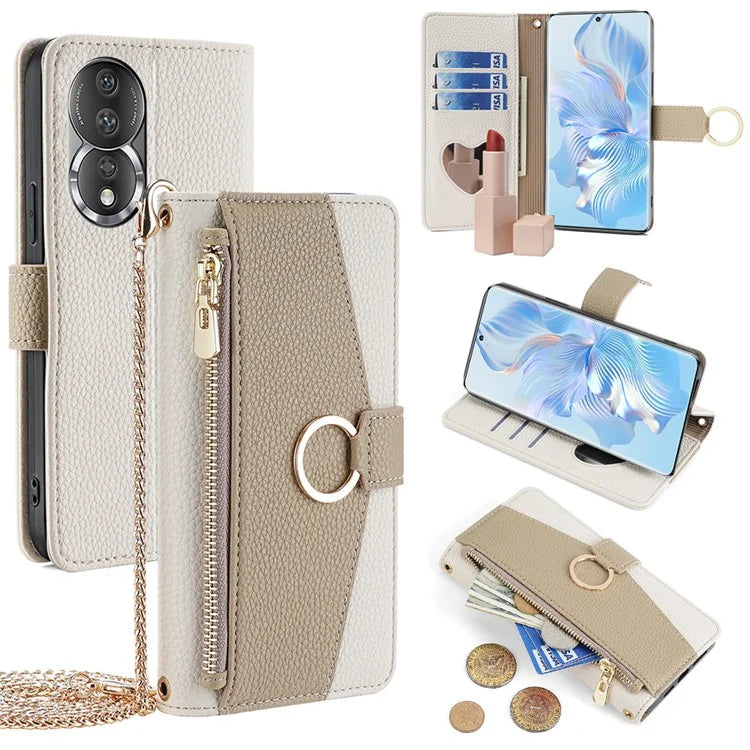 For Honor 80 5G Case Leather Zipper Pockets Phone Cover with Card Slots