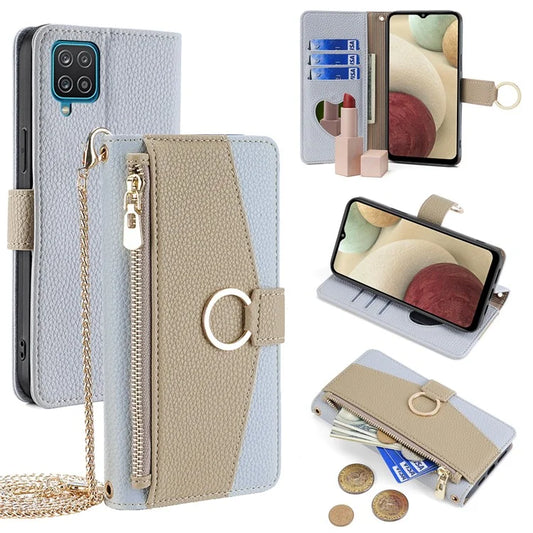 For Samsung Galaxy A12 Magnetic Case Zipper Pocket Wallet Cover with Crossbody Chain Strap