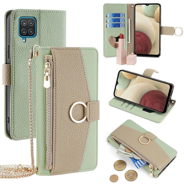 For Samsung Galaxy A12 Magnetic Case Zipper Pocket Wallet Cover with Crossbody Chain Strap