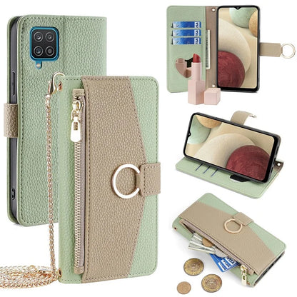For Samsung Galaxy A12 Magnetic Case Zipper Pocket Wallet Cover with Crossbody Chain Strap