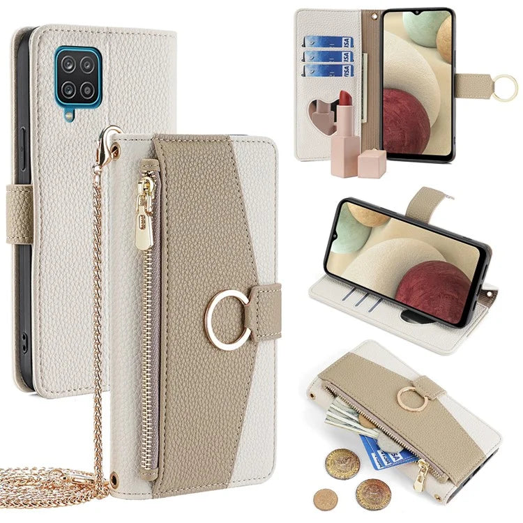 For Samsung Galaxy A12 Magnetic Case Zipper Pocket Wallet Cover with Crossbody Chain Strap