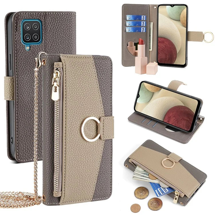For Samsung Galaxy A12 Magnetic Case Zipper Pocket Wallet Cover with Crossbody Chain Strap