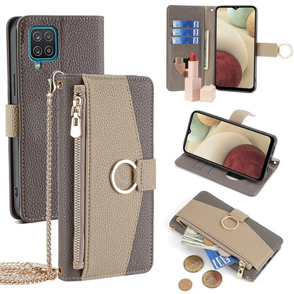 For Samsung Galaxy A12 Magnetic Case Zipper Pocket Wallet Cover with Crossbody Chain Strap